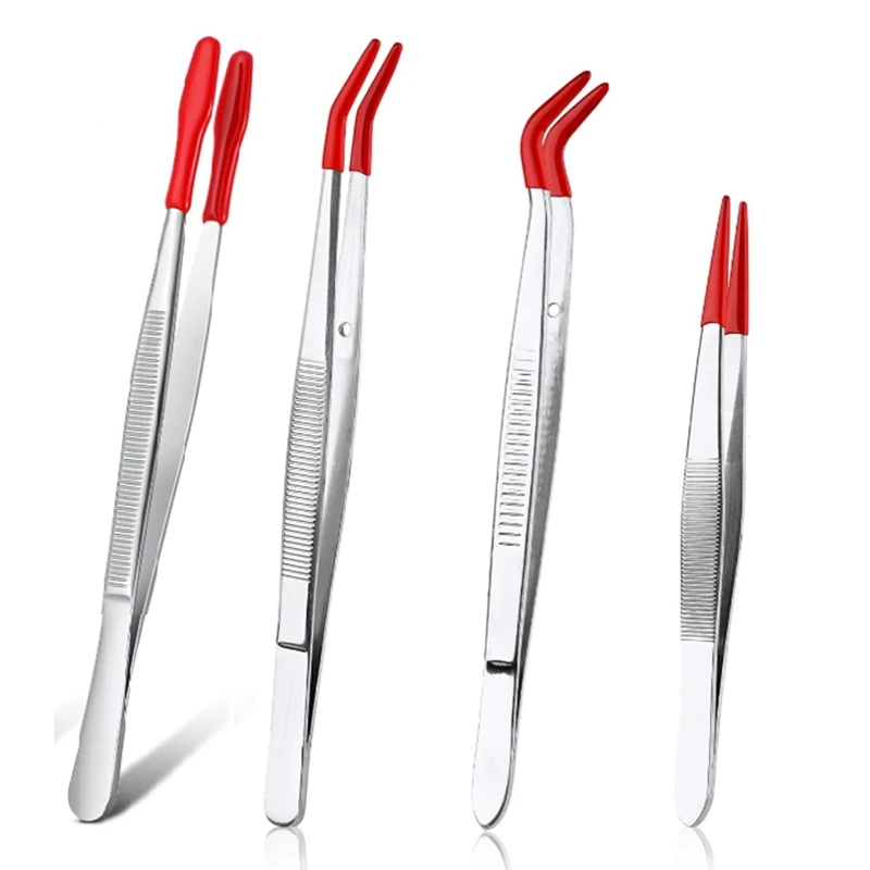 4Pieces Tweezers With Rubber Tips Tweezers PVC Coated Tweezers Set, Rubber Straight/Flat Tip Tweezer Bent Tweezers