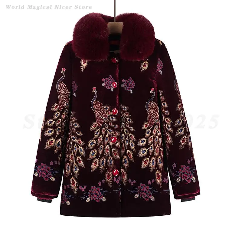 Traditional Chinese Peacock Jacket Middle-Aged Elderly Thicked 5XL Coat Winter Warm Tang Top Fashion Casual Vintage Outerwear