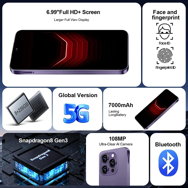 i16 Pro Max Smartphone and 64GB TF Set for Android 13, 6.99" FHD Cell Phone, 7000mAh, Dual SIM/Face ID Type-C Mobile Phone