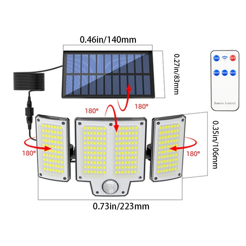 Applique murale extérieure solaire à 280 LED avec capteur de mouvement, projecteur solaire avec 3 Modes d'éclairage réglables pour jardin et vente au détail