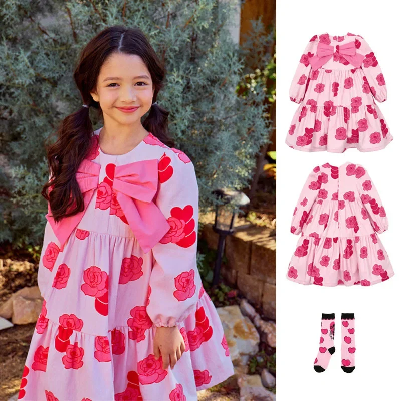 

Girls Dress 2025 Spring And Summer New Pink Rose Children's Dress Cotton Fashion Bow Girls Princess Dress Children's Clothing