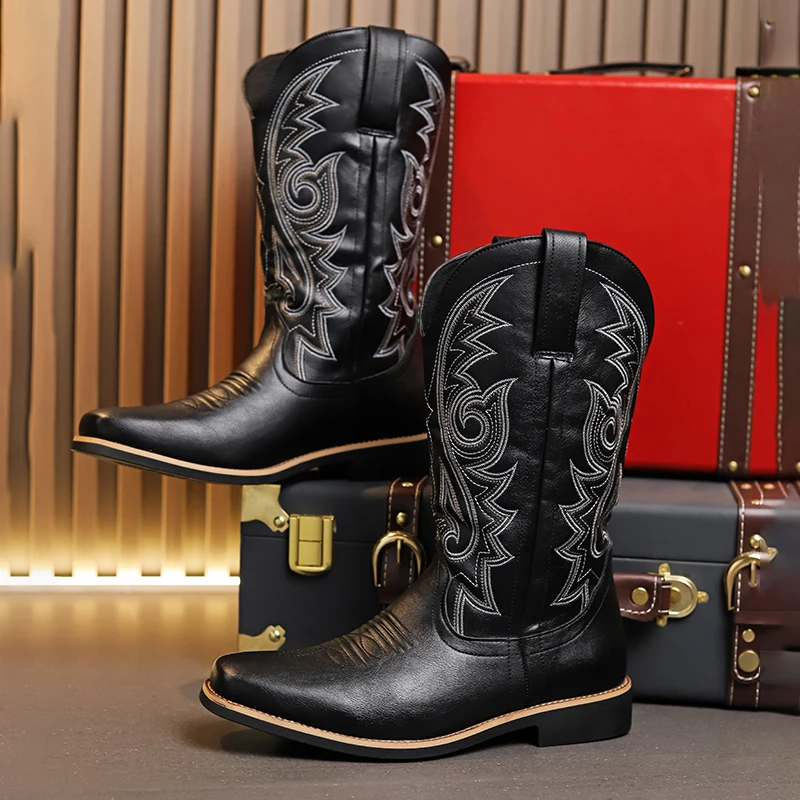 

2024 Men Boots Vintage Embroidery PU Square Toe Cowboy Knight Motorcycle Man Boots Western Comfort Boots Black Botas Masculinas