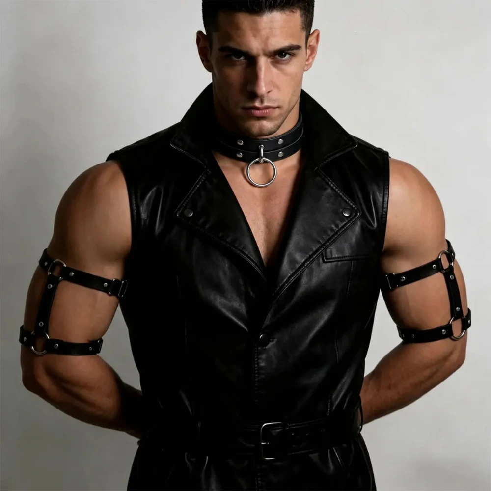 Men's PU Leather Upper Arm Bracelet for Men Elastic Adjustable Armband Men Arms Harness Belt for Party or Cross Dressing Club
