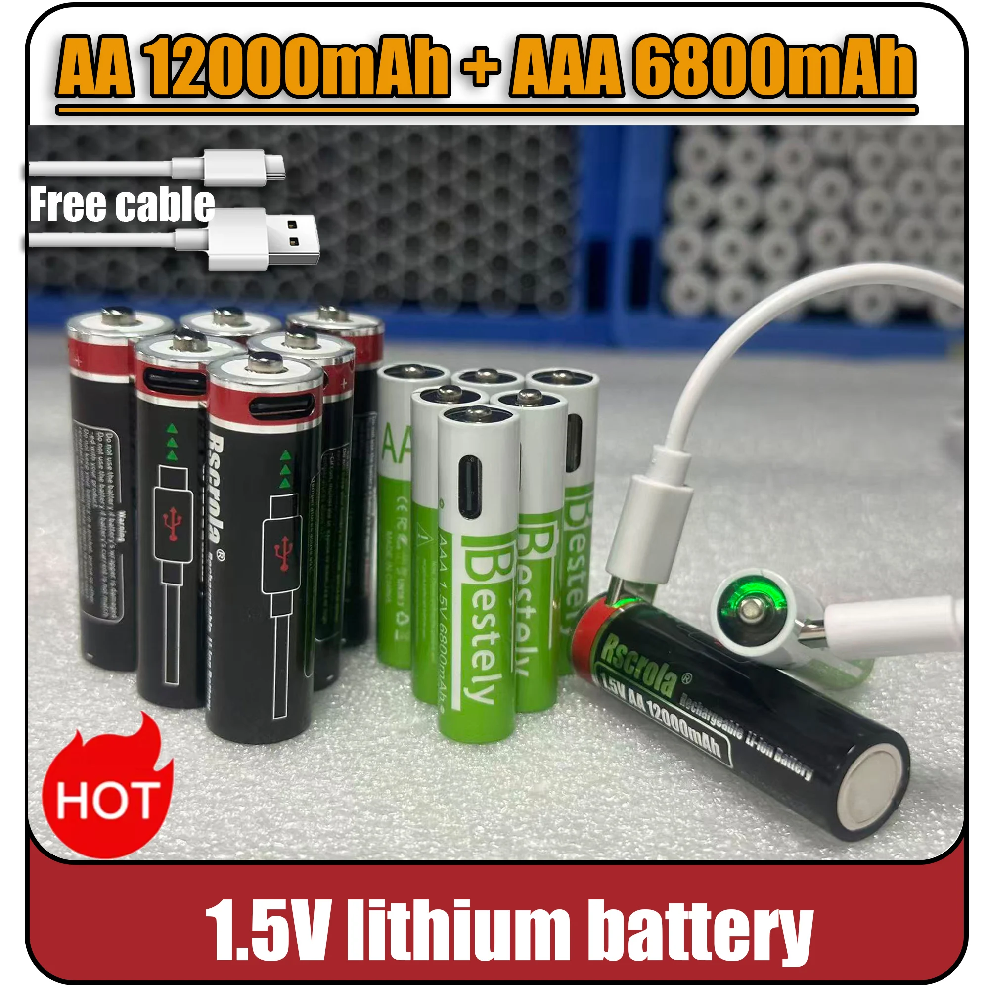 New AA 12000mAh+AAA 6800mAh Rechargeable Batteries Lithium-ion 1.5V AA Rechargeable Batteries 1.5V AAA Battery with USB-C Cables
