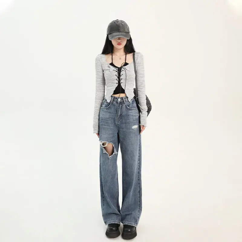 Two Piece Suit Suspender Cardigan Women Korean Autumn Sexy V Neck Slim Y2K Crop Long Sleeve Cross Bandage Knit Tops