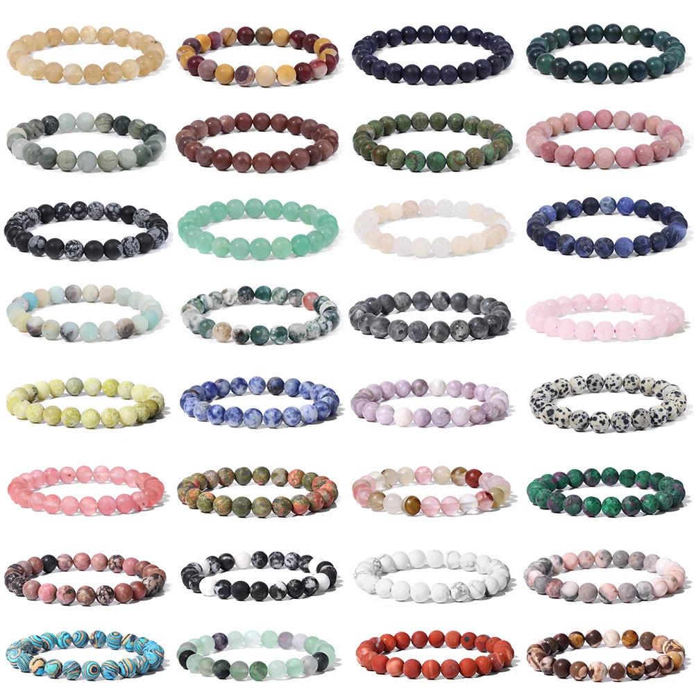 8mm Matte Natural Stone Stretch Bracelets For Women Men Pink Quartzs Rhodonite Agate Handmade Healing Meditation Bangle Jewelry