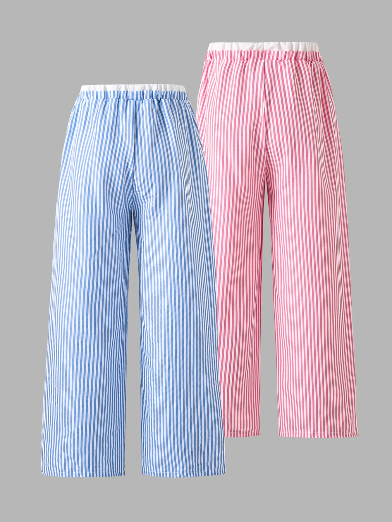 2 Pairs of Autumn Girls' Fashionable Simple Loose Straight-Leg Pants with Striped Elastic Waist, Casual Versatile Cropped Pants - Blue + Pink