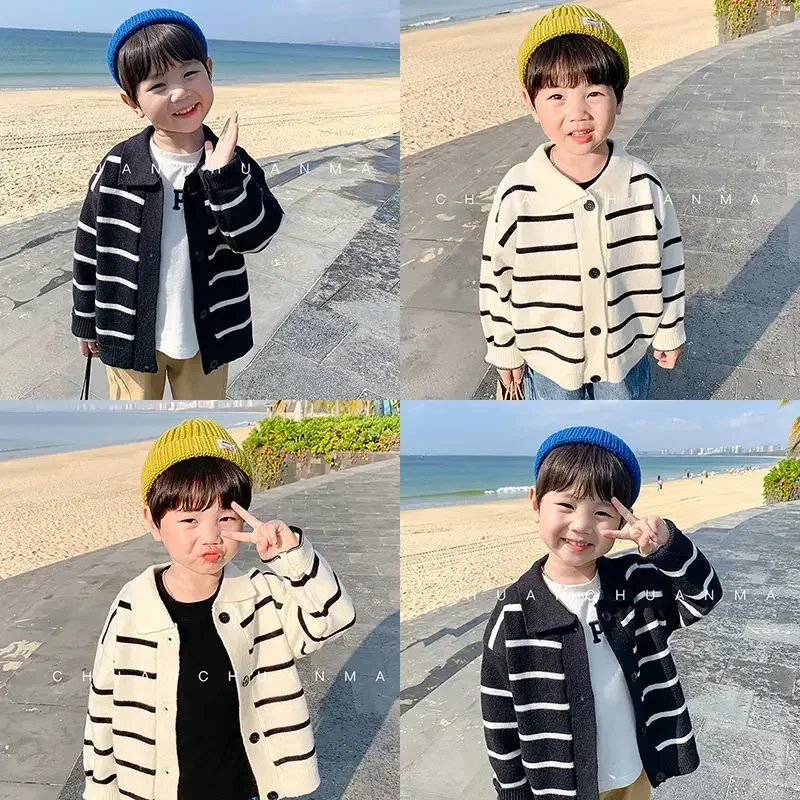 Boys' Knitting Cardigan Sweater Western Style 2022 Spring and Autumn New Handsome Children's Thin Casual Striped Coat