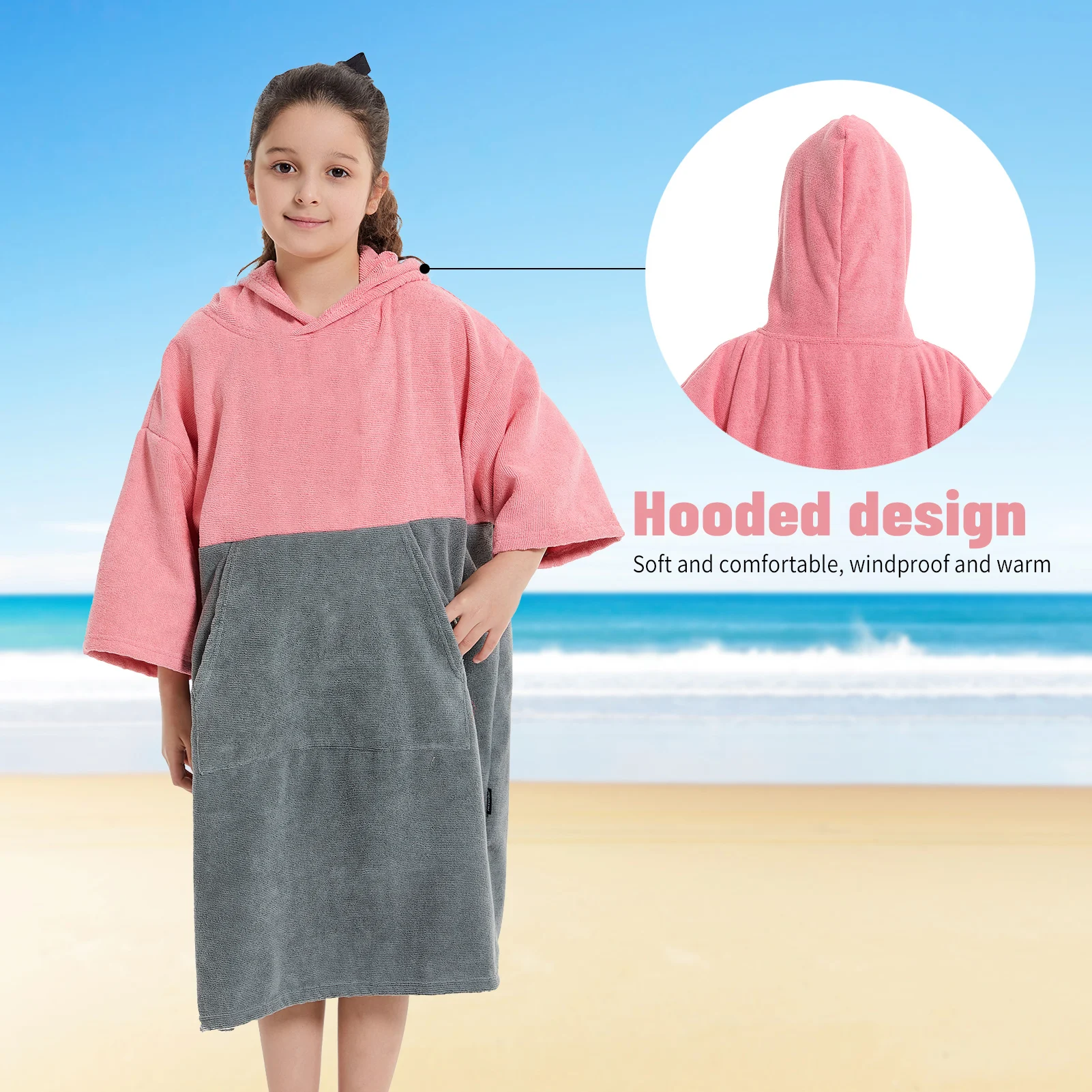 Kids Changing Towel Robe: Absorbent Quick Dry Surf Poncho, 3/4 Sleeve Microfiber Bath Towels for Beach Pool