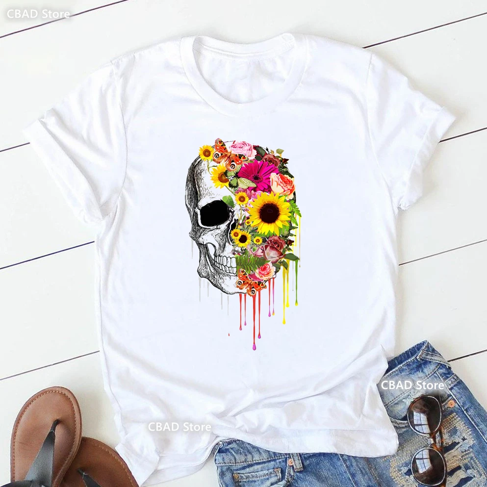 

Skull Human Anatomy Floral Print Tshirt Women Black Red Watercolor Roses Mask Cool T Shirt Femme Summer Fashion T-Shirt Female