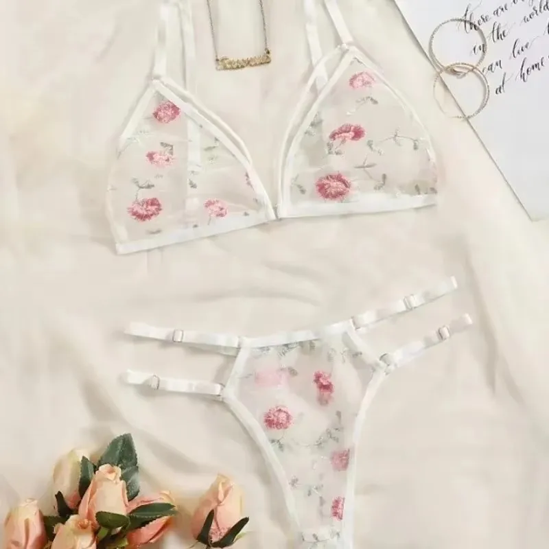 

Underwear Sexy Suit Transparent Bra Female 2 Pieces Floral Embroidery Underwear Suit Lace Without Steel Support Bra