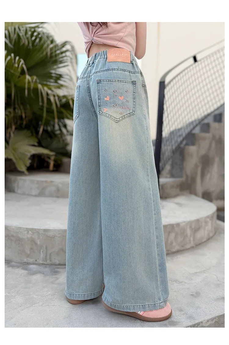 Sommer-Jeanshosen für Mädchen von UNITIM, 4-14 Jahre, Weite Beine, Lockere Passform mit Taschen, Gerade Hosen für Junge Mädchen – Detail 9