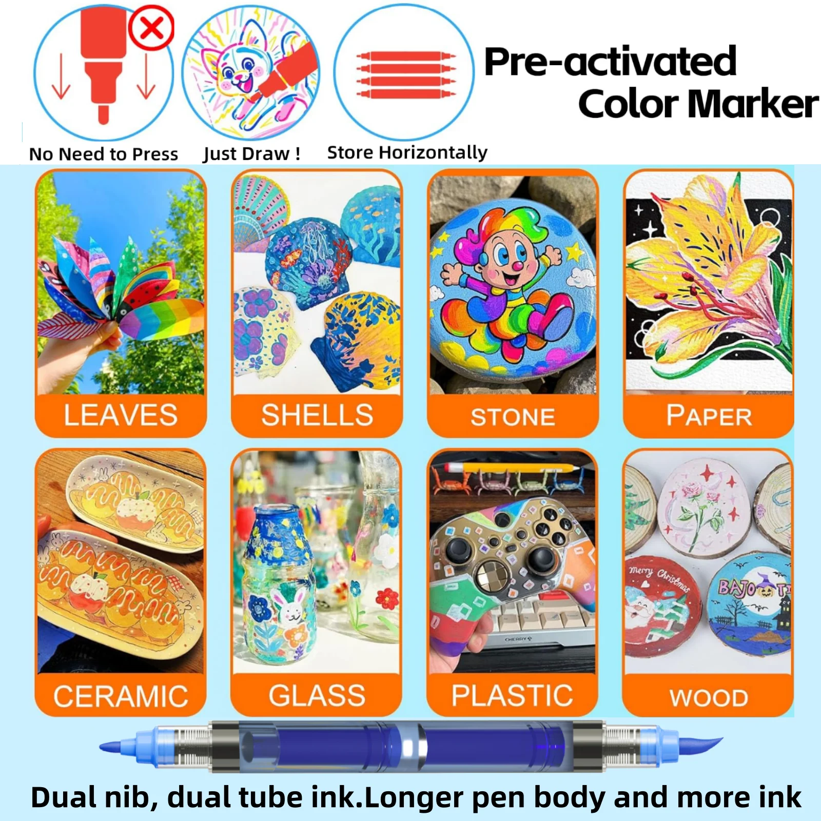 أقلام طلاء أكريليك، علامات طلاء ذات طرف مزدوج، طرف رفيع وأقلام طرف فرشاة للحجر والخشب والقماش وغيرها، واللوازم الفنية، مع حقيبة محمولة #6