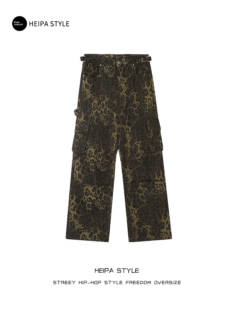 

Retro American Vintage Leopard Print Work Pants Men's Casual Streetwear Wide Leg Jeans Hip Hop Casual Trousers for Youth