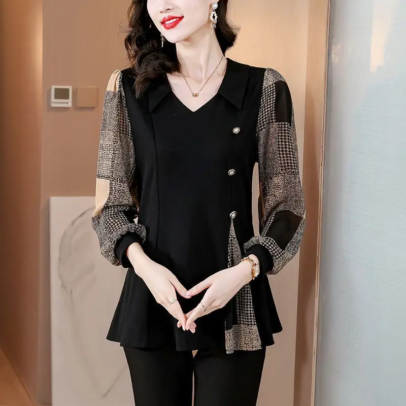 Large Size Women\'s Autumn Top with Long Sleeves and Base New Style Slimming Flesh Blocking and Western-style Chiffon Shirt