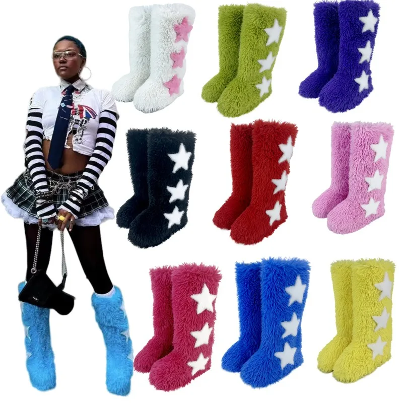 Anime Cosplay Shoes Women Fluffy Faux Fur  Lolita Shoes High Tube Snow Boots Long Fur  Wool Boots Knee High Cosplay Accessories