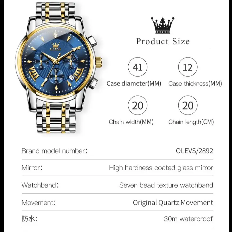 OLEVS-Montre à Quartz Originale en Acier Inoxydable pour Homme, Montre-Bracelet Étanche, Phase de Lune, Date existent, Marque de Luxe