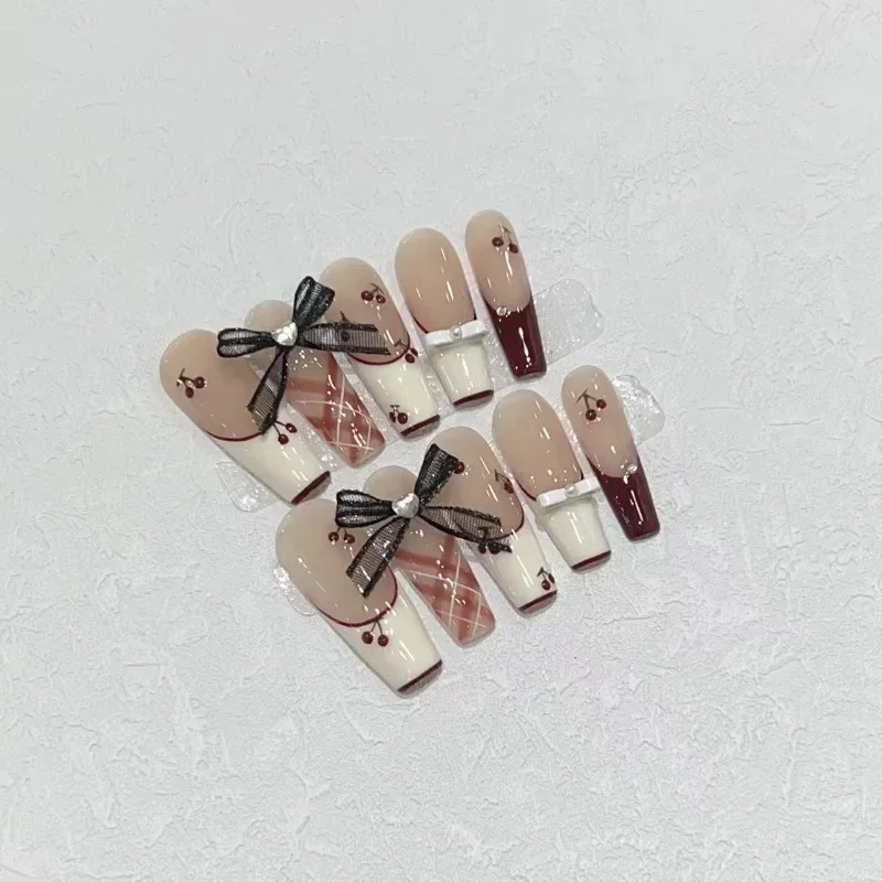 

10pcs Handmade Fake Nails with Design False Nails for Gluing Finger Nail Art High Quality Cherry French Press on Nails Acrylic