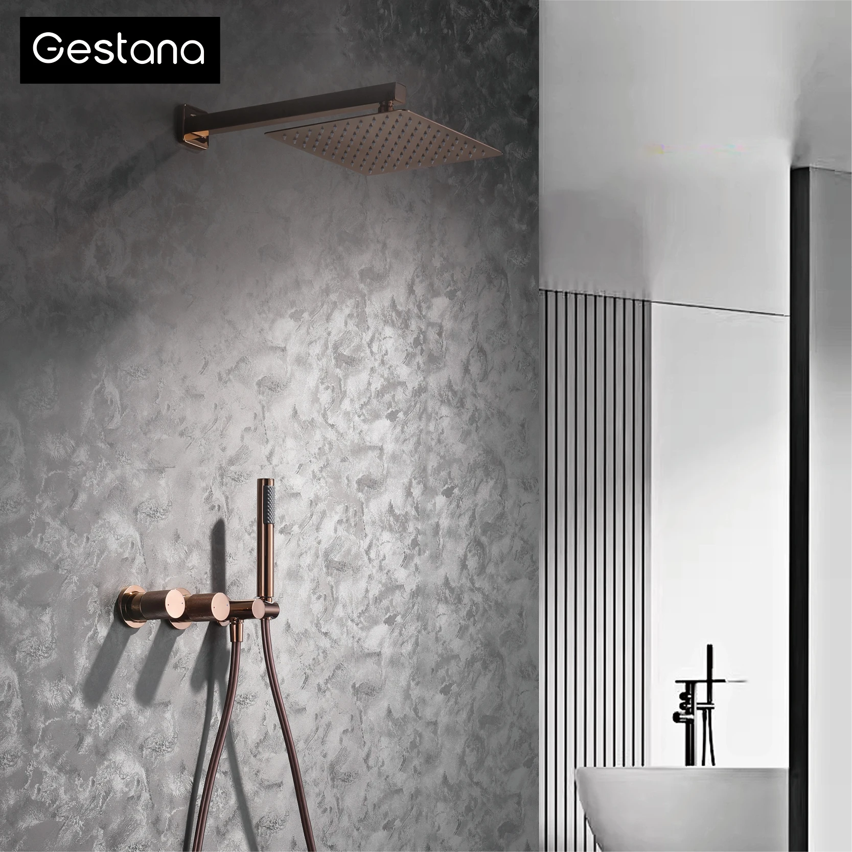 Luxury Gun Gray Brass Wall Mounted Shower System Embedded Design with 2 Handles Dual Control Hot and Cold Water Bathroom Faucet