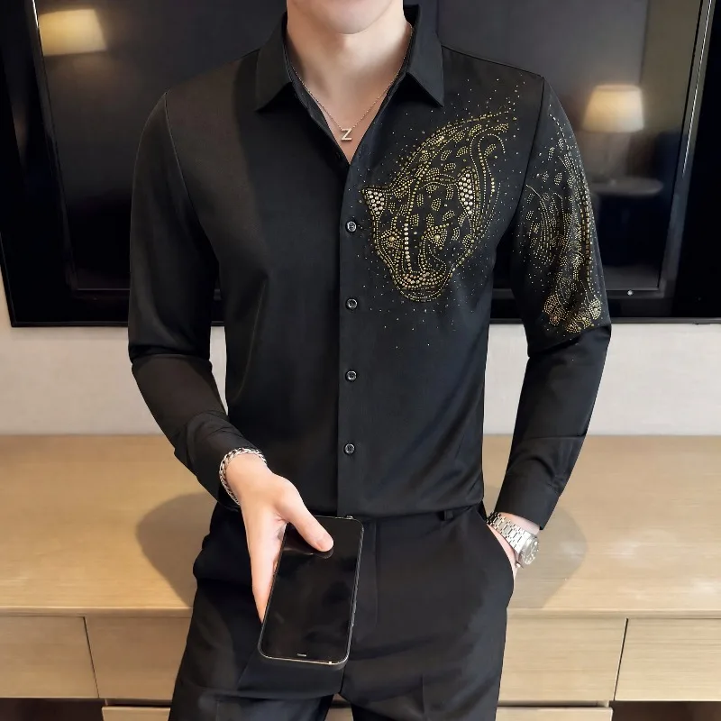 Luxury Long Sleeved Seamless Business Shirt Men Rhinestone Casual Social Shirt High-quality Slim Fit Social Banquet Party Shirt
