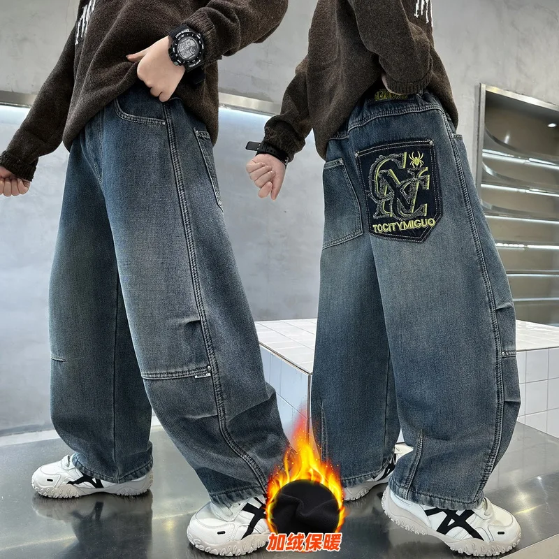 Cowboy Autumn Winter Big Boy Thermal Jeans High Street Denim Pants Kids Retro Blue Warm Baggy Insulated Jeans Trousers For Kids