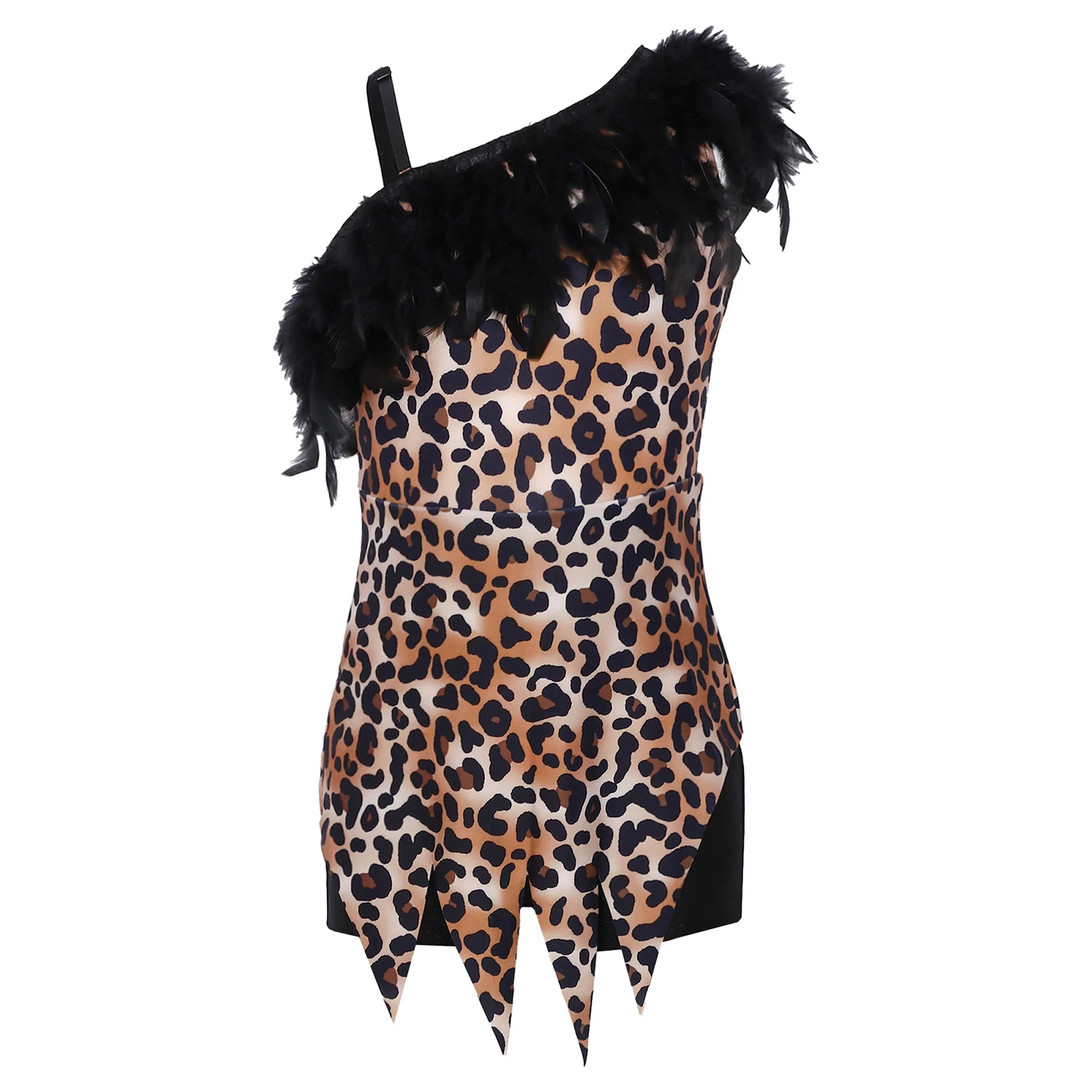 Girl Latin Jazz Dance Performance Hemline Dress Rhinestone Sleeveless Leopard Printed Feather Contrast Leotard Modern Dance Wear