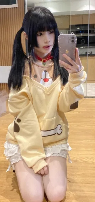 2025 Spring and Autumn Japanese Style Soft Girl Cute Off-Shoulder Fake Two-Piece Sweatshirt Yellow Loose Long Sleeve Pocket Top