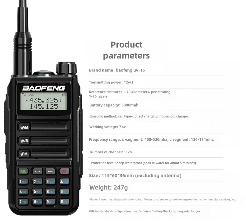 UV16 Walkie-Talkie Professional Hunting Ham 10 KM Powerful Waterproof Long Range Type-C Charger VHF UHF Two Way Portable Radio