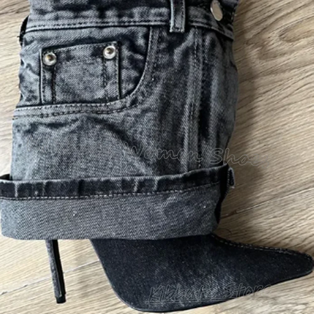 Modern Ankle Boot Pockets Denim Cloth Button Fashion Luxury Elegant Novelty Sexy Concise Spicy Girls Shoes New Pointed Toe Heels