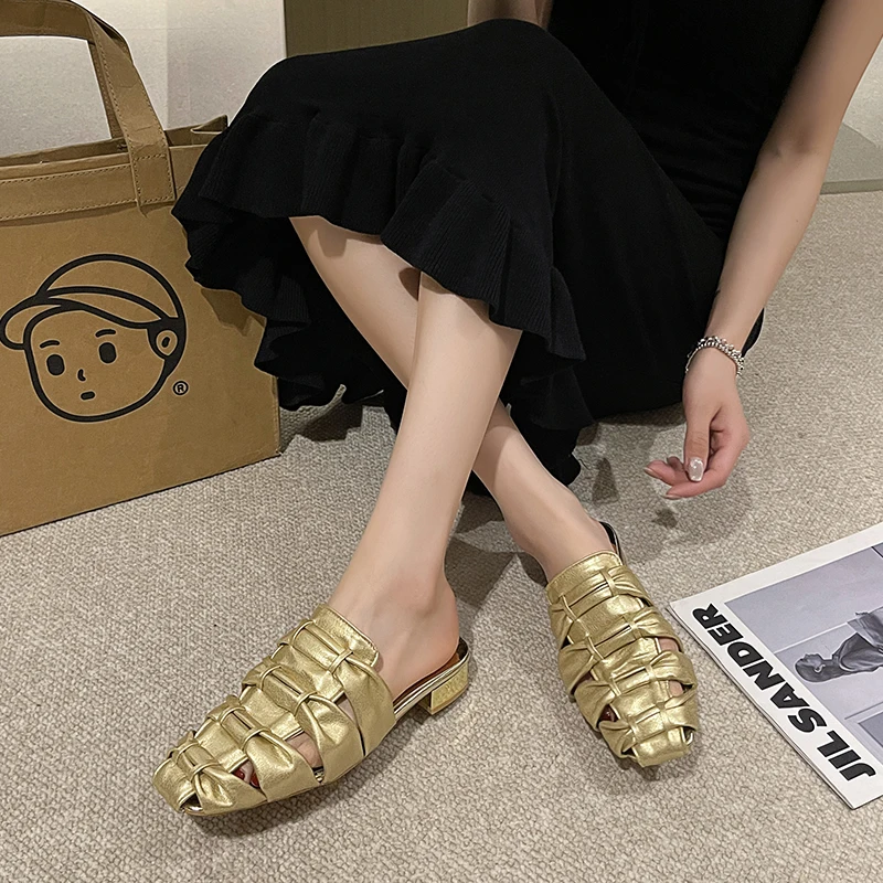 Baotou Half Slippers Women Summer 2024 New Female Slip-on Mules Sandals Woven Sandals Women's Casual Sandals Office Ladies Shoes