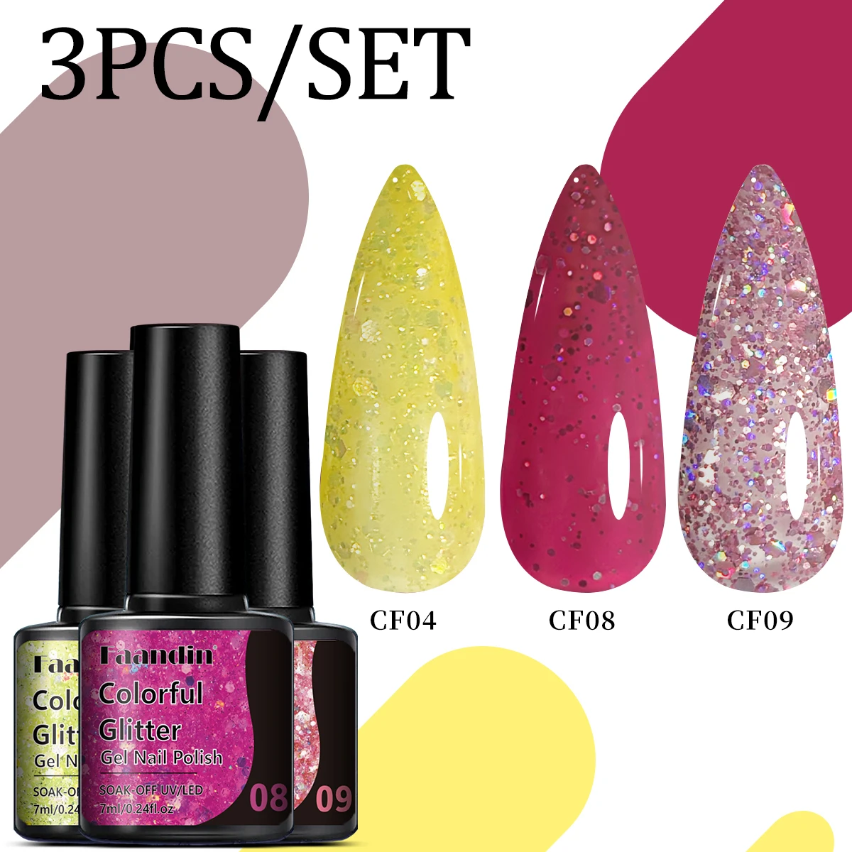 Faandin 3 pezzi/set 0. 24oz*3 pezzi, applicazione più spessa per risultati migliori, grandi paillettes trendy e abbaglianti, colore ricco, set di smalti gel glitterati a colori, regalo perfetto per regalare, forte e duraturo, non facile da applicare e rimovibile, articoli essenziali per unghie