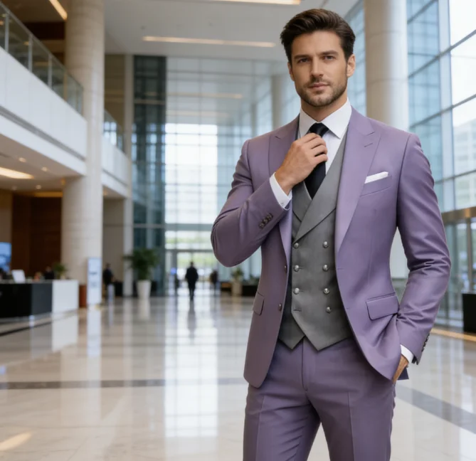 

Lavender And Grey Men Suit Wedding Party Formal Groom Groomsman Prom Business Male Tuxedos 3 Piece Set Jacket Vest Pants