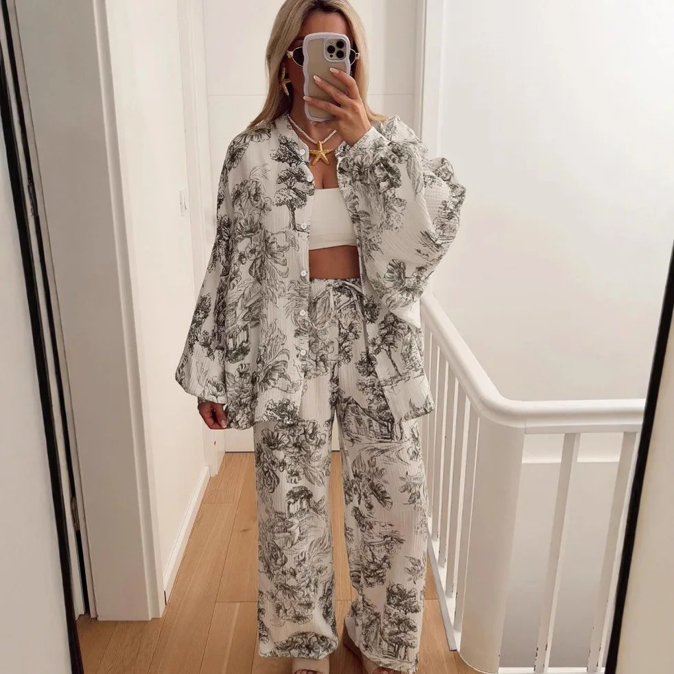 Printed Long Sleeve Set Full Length European and American Style with Long Pants Outdoor Loungewear for Women Autumn Summer