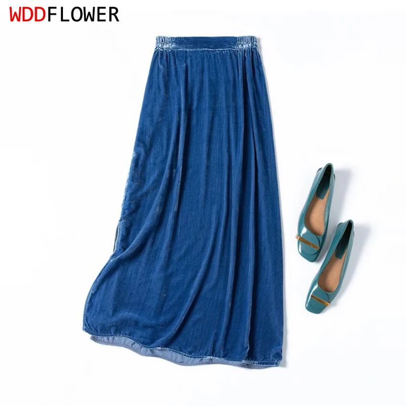 

Women Velvet Silk Midi Skirt 100% Mulberry Silk Lining Fishtail Line Fit Type Blue Elastic Waist Chic Skirts Office Lady M1225