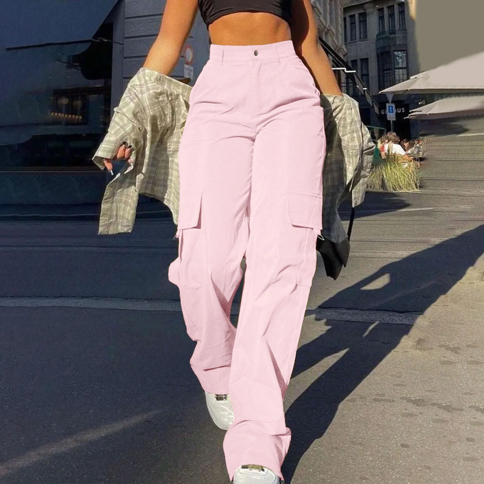 Multi-Pocket High Waist Cargo Pants Women's Loose Straight Slim Trousers
