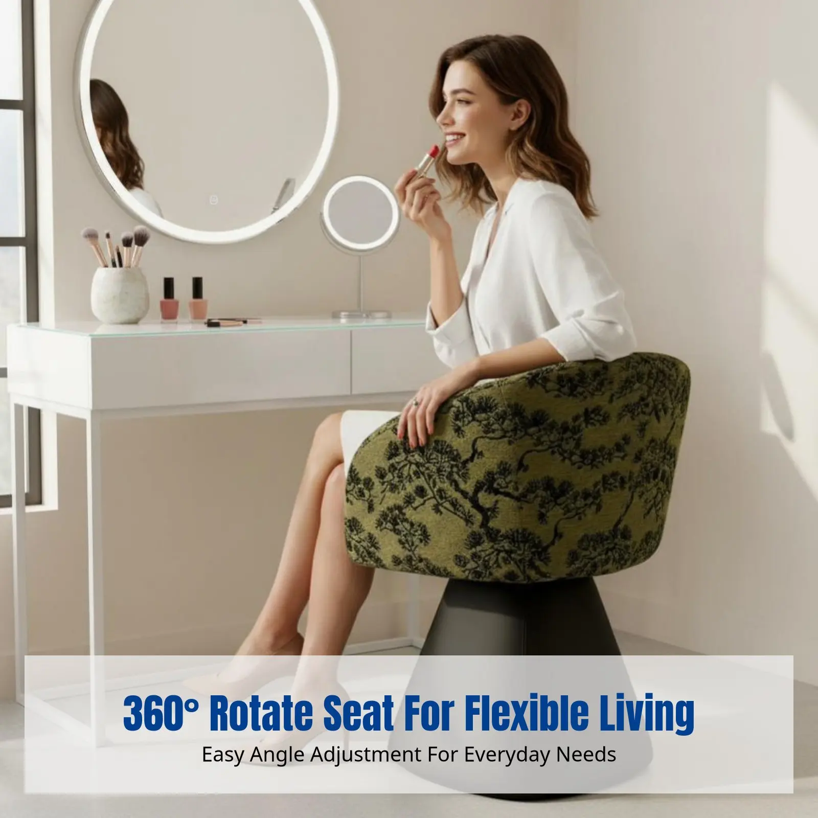 Italian Minimalist Bedroom Vanity Chair, Rotating Makeup Stool, Upholstered, Round Backrest, Modern Luxury, Ergonomic, for Women view 3