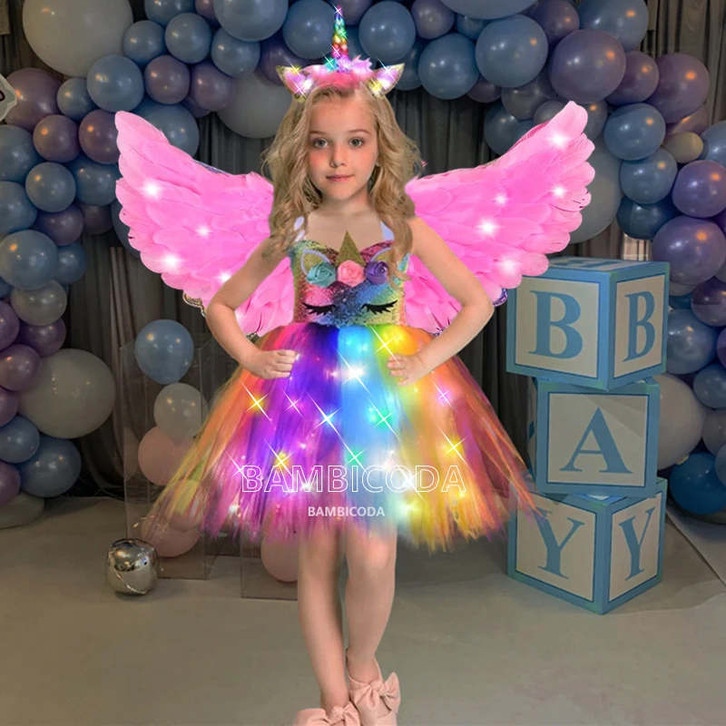 Baby Girls Unicorn Tutu Dress Flashing light Rainbow Princess Birthday Party Children Halloween Perform Costume Kids' dresses