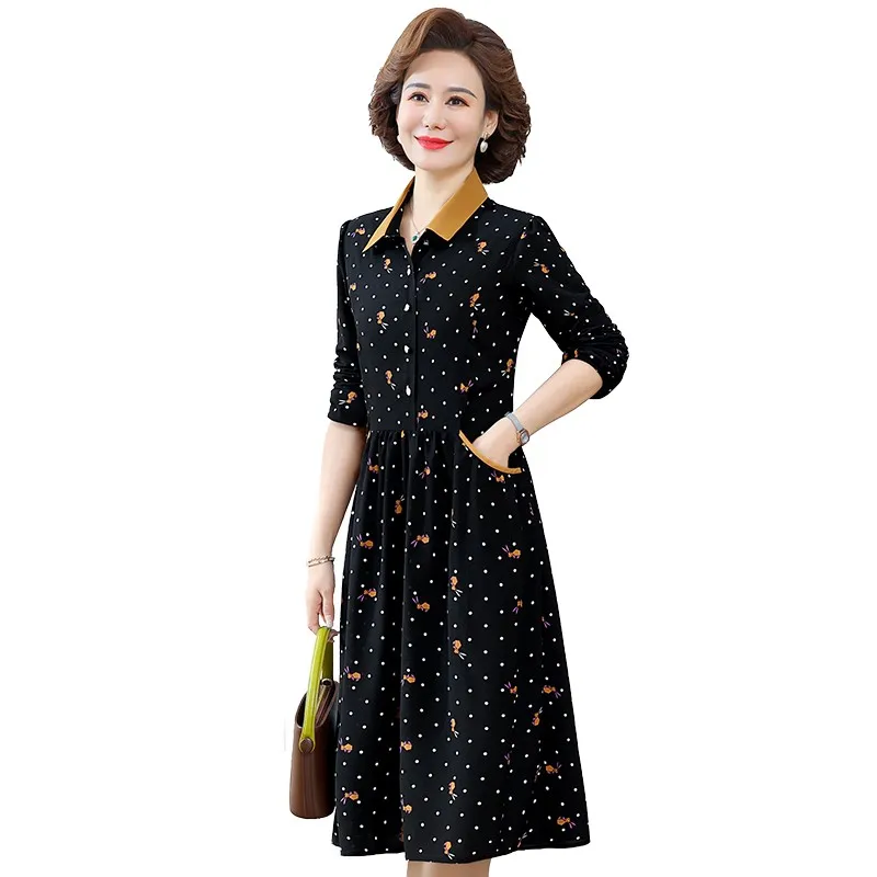 

Vintage Print Lapel Shirt A-Line Dress Women Office Lady Elegant Long Sleeve Casual Evening Party Dresses Midi Vestidos De Mujer