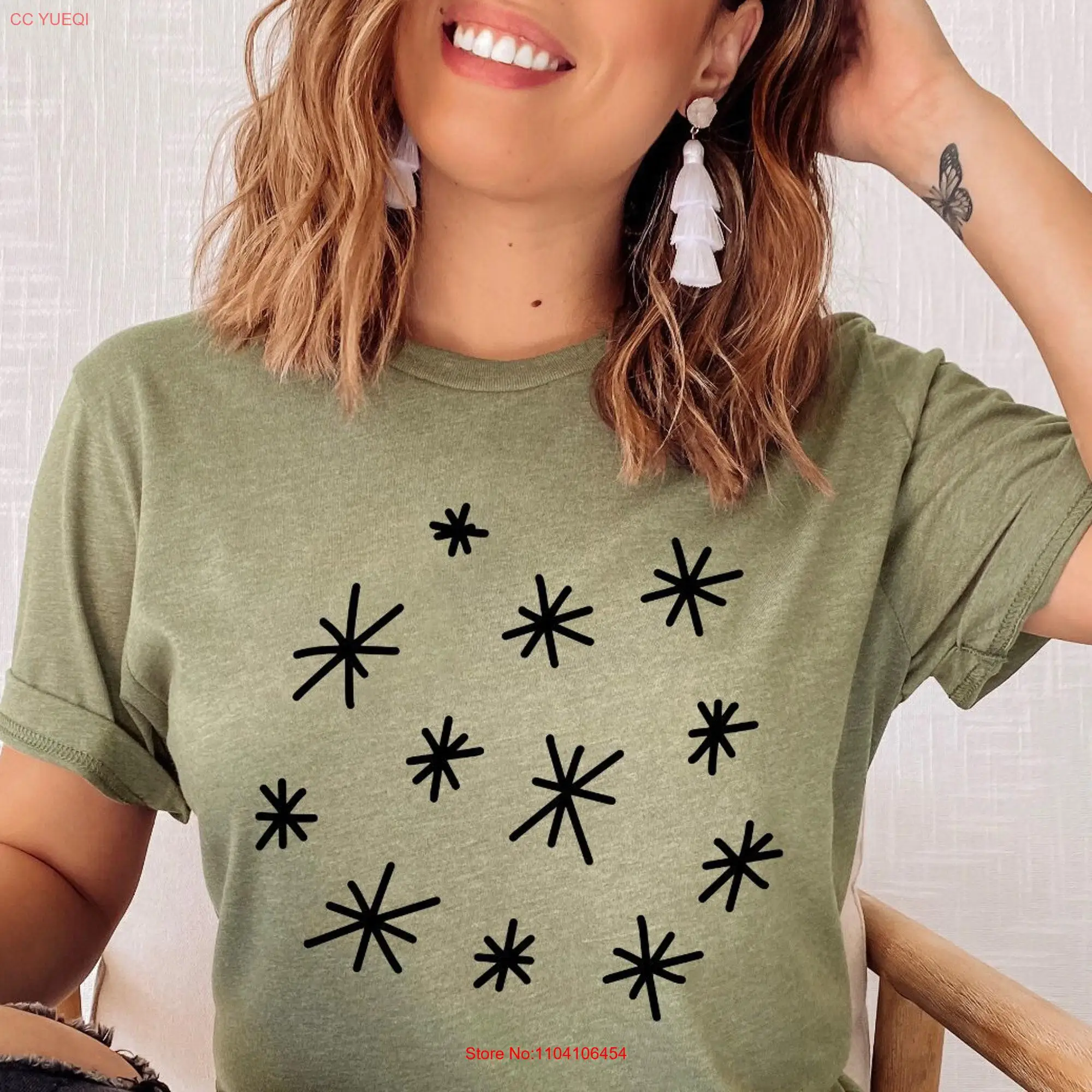 Abstract T Shirt Stars Boho Minimalist Fun Pattern Modern Hand Drawn Design Cute  long or short sleeves