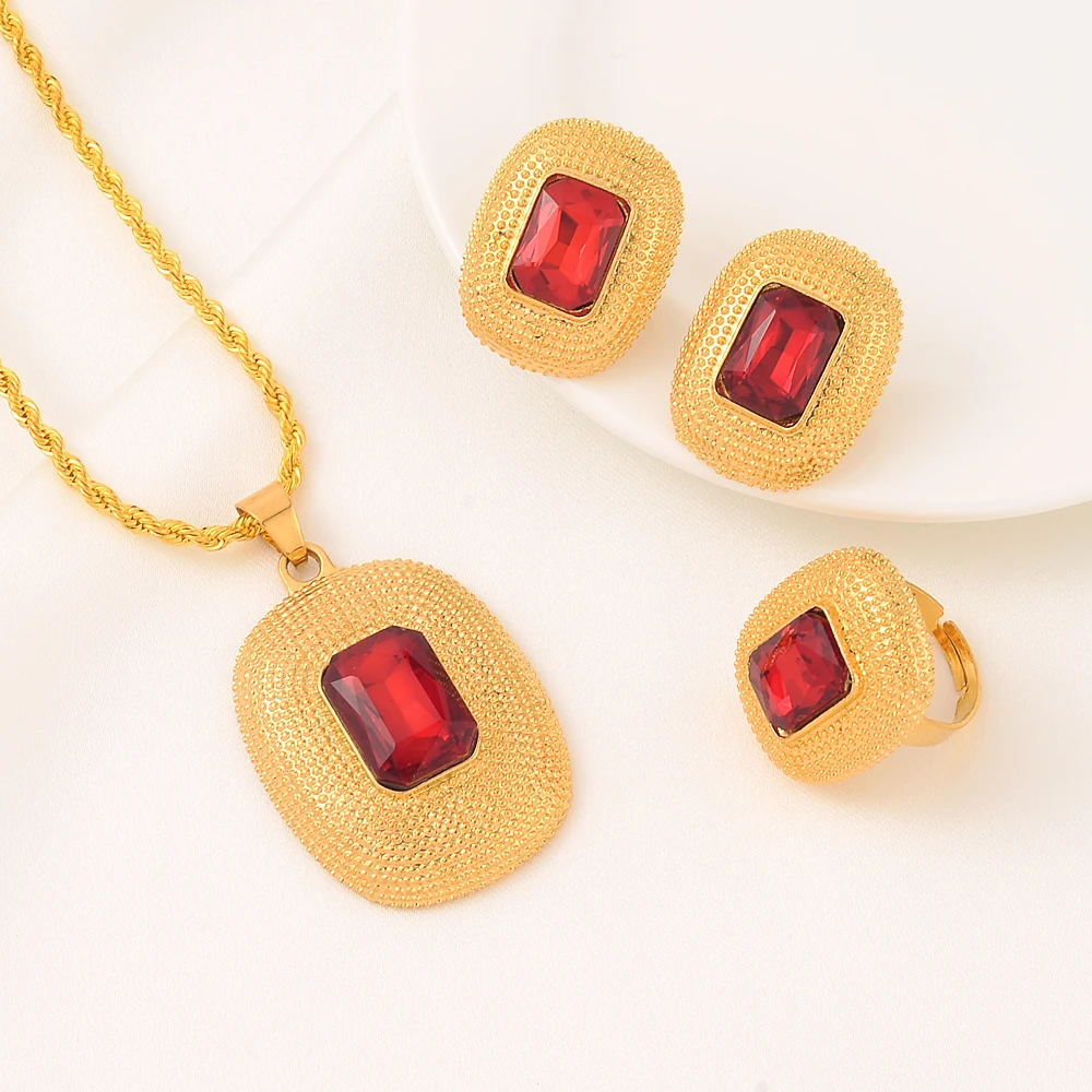 Party Wedding Ethiopian Red Stone Jewelry Sets Gold Color Fashion Stone Sets for African Traditional Festival