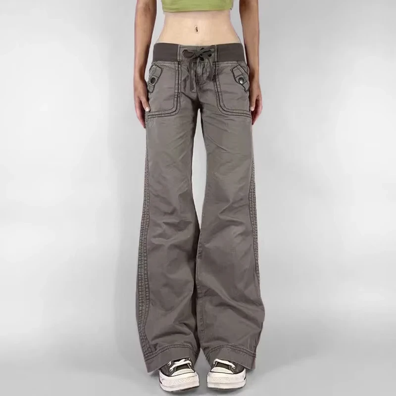 Retro Lace-up Low Rise Pants Streetwear Patchwork Loose Casual for Women Harajuku Straight Trousers Korean Fashion