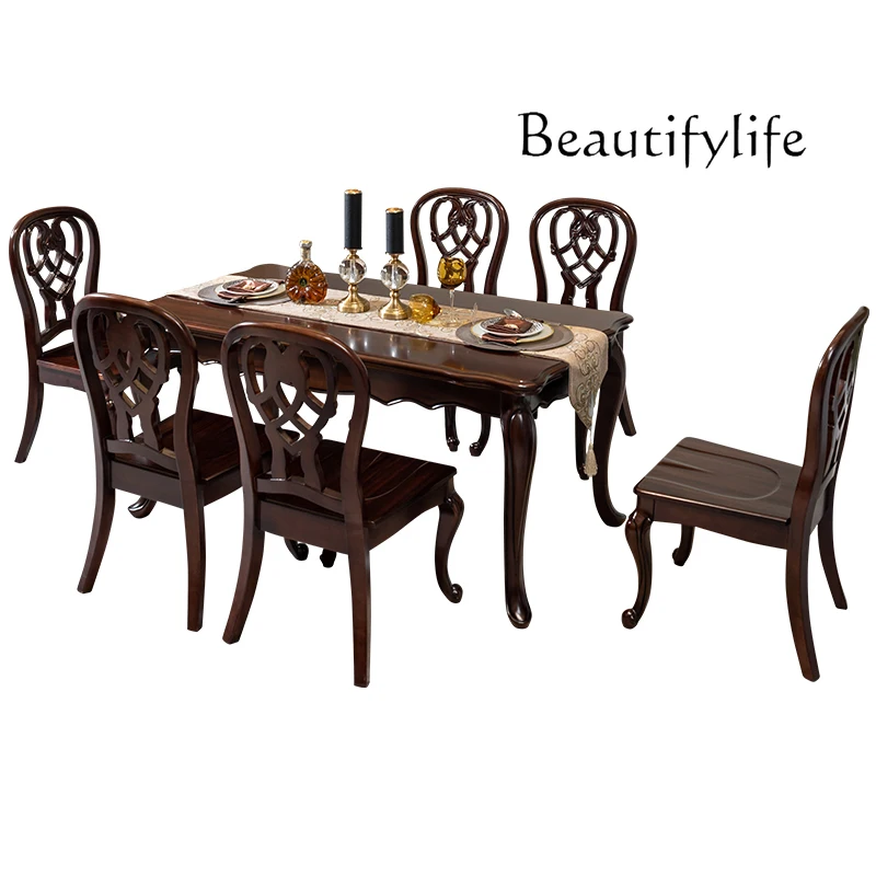 

All solid wood dining table and chairs combination American retro walnut luxury carved high-end home dining table
