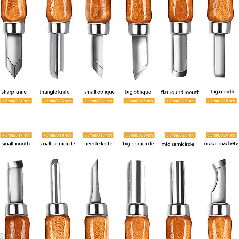 12Pcs SK2 Woodworking Carving Tools Set, Wooden Handle Art Knives with Bag & Whetstone HRC62 for DIY Craft Making