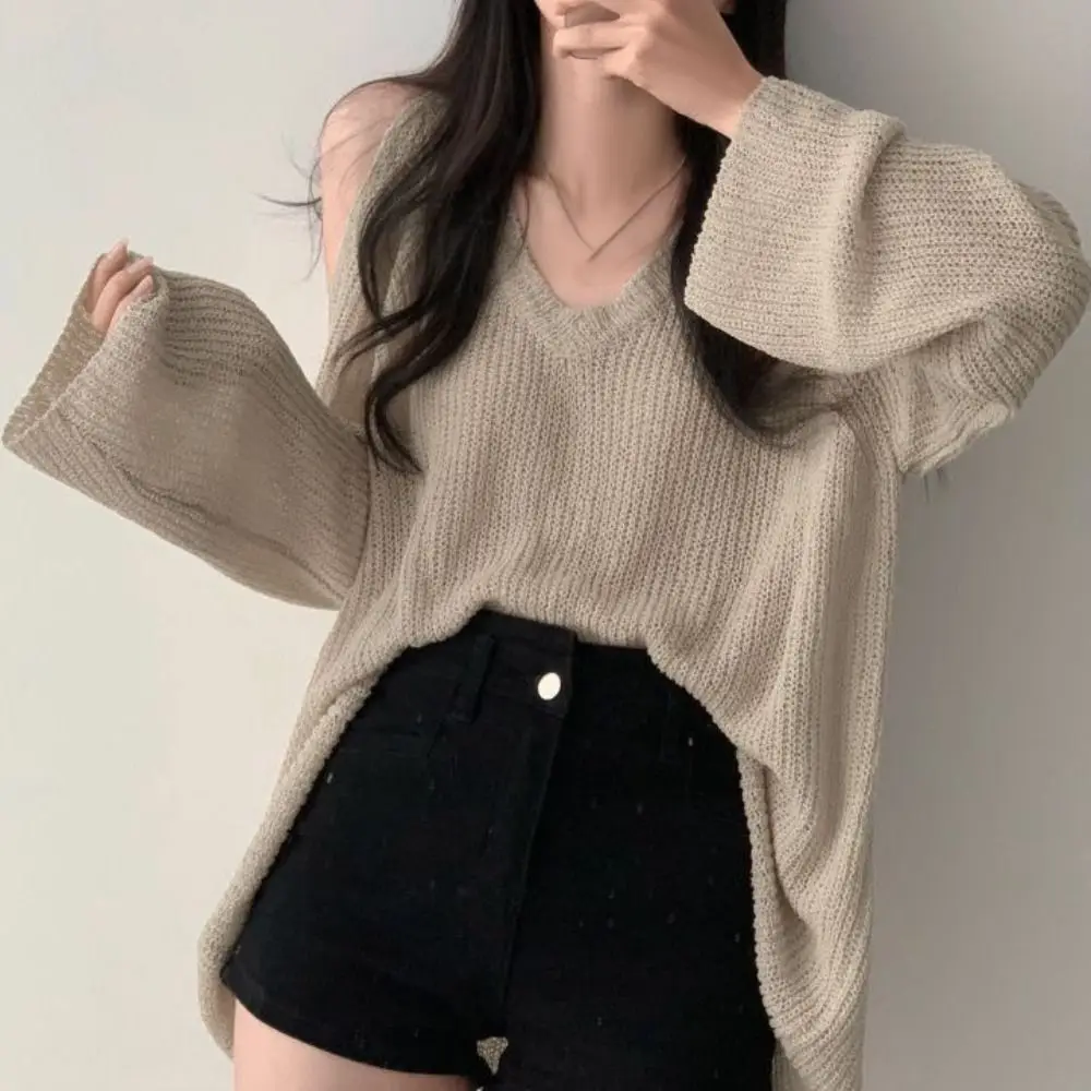 Koreanischen Stil Aushöhlen Stricken Lange T-shirt Pullover V-ausschnitt Häkeln Strickwaren Langarm Chic Gestrickte Lose Top Mädchen