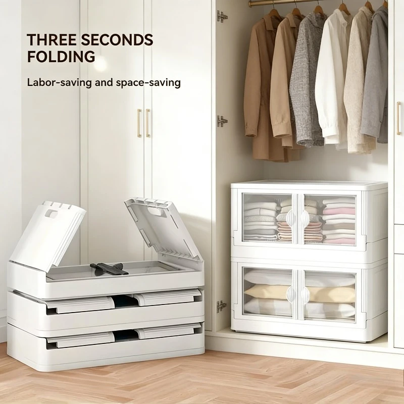 Folding storage box, 1/2/3 layer cabinet with wheels - transparent double door multi-layer design large capacity storage cabinet