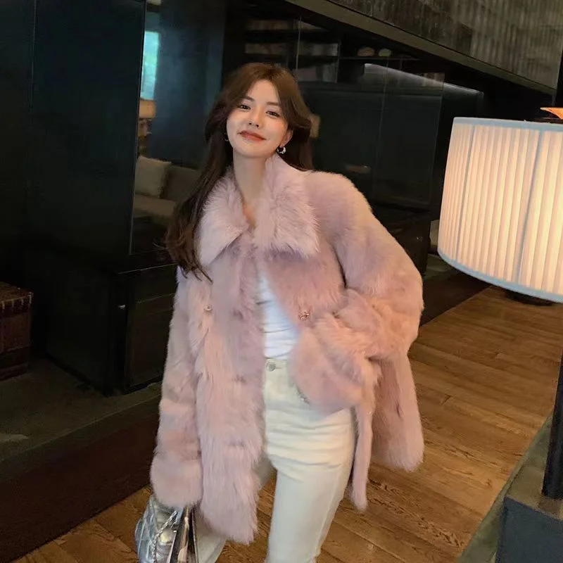 2023 New Women Winter Faux Fur Coat Mid Length Version Furs Overcoat Loose Adding Cotton Jacket Artificial Fur Collar Outwear