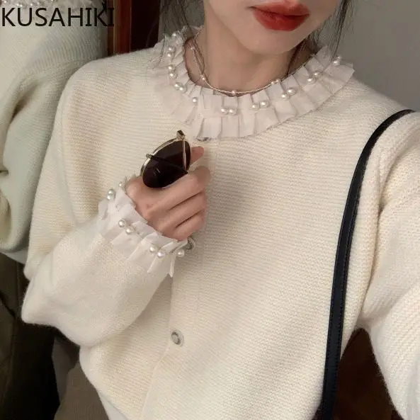 

KUSAHIKI Fashion Ruffle Beads Patchwork O-neck Long Sleeve Sweater Coat Korean Faashion Women Spring Autumn New Knitted Cardigan