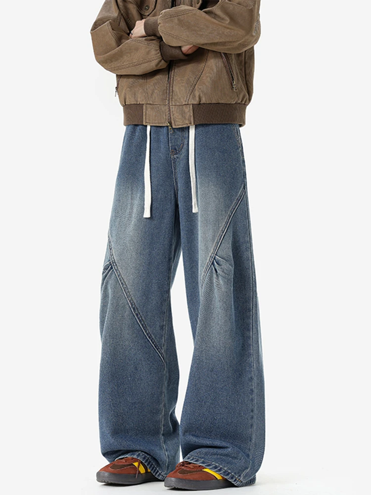 

Мужские джинсы American Sle, плиссированные, свободного кроя, прямые, зимние, модные, в стиле High Street, крутые, винтажные, с эффектом потертости, повседневные, прямые...