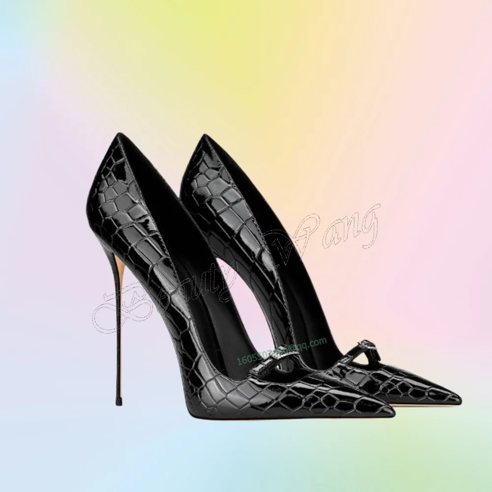 

Туфли-лодочки с принтом черного камня, туфли-лодочки на шпильке с пряжкой спереди, тонкие высокие туфли с острым носком для женщин, свадебные туфли, 2025 г., Zapatillas Mujer