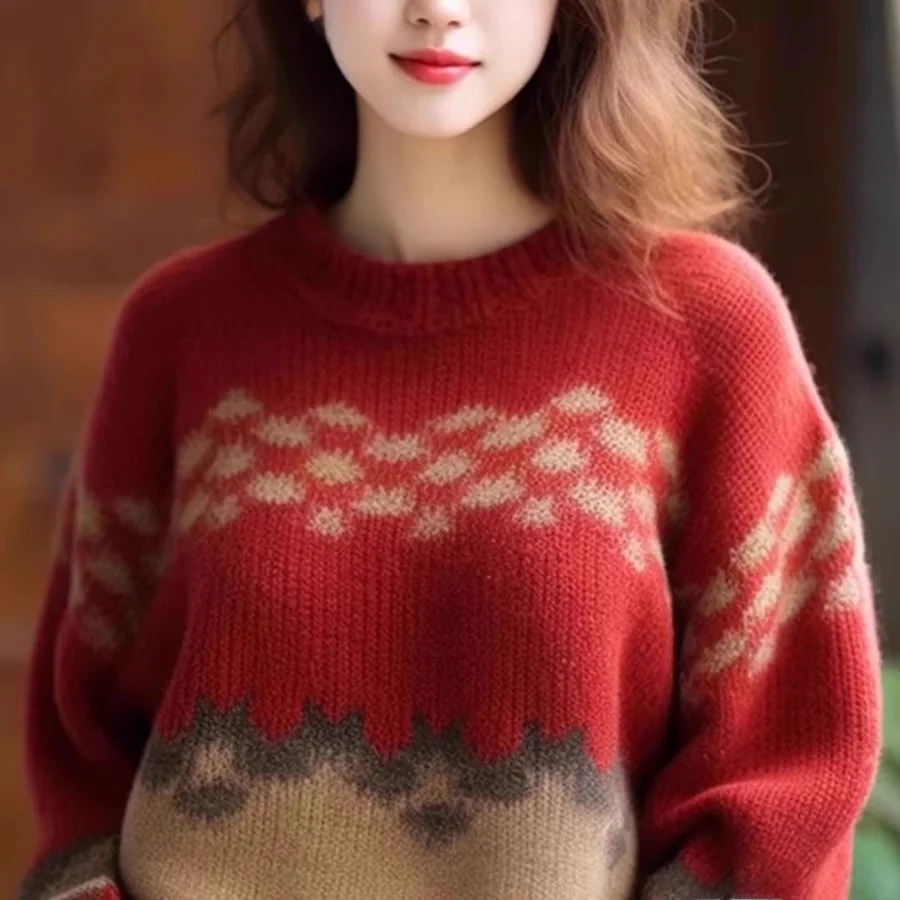 Suéter de malha Thiened feminino outono inverno novo Sle Lazy Faion solto top de malha redondo Ne Stripe Padrão Floral Emb...